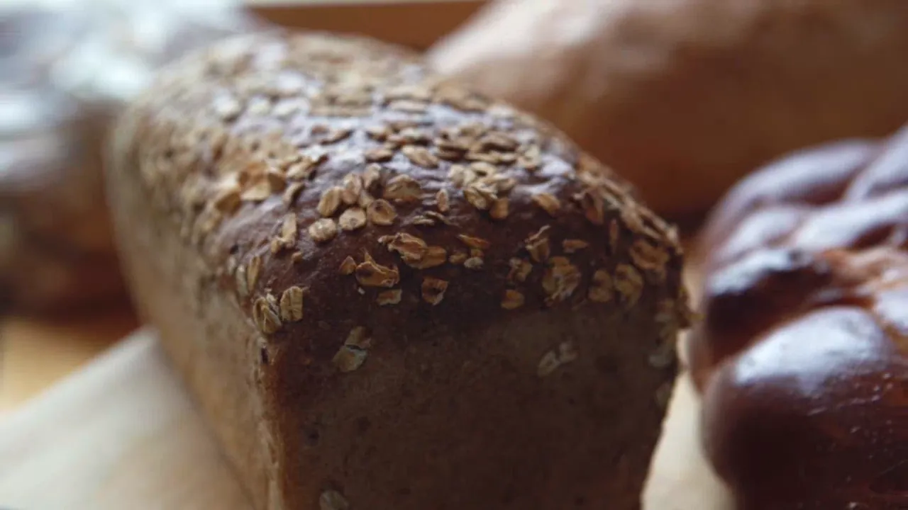 An oat-topped wheat loaf beside braided brioche